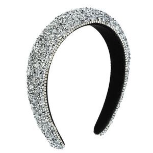Rhinestone Beaded Jeweled Sparkle Thick Padded Headband Silver Tone